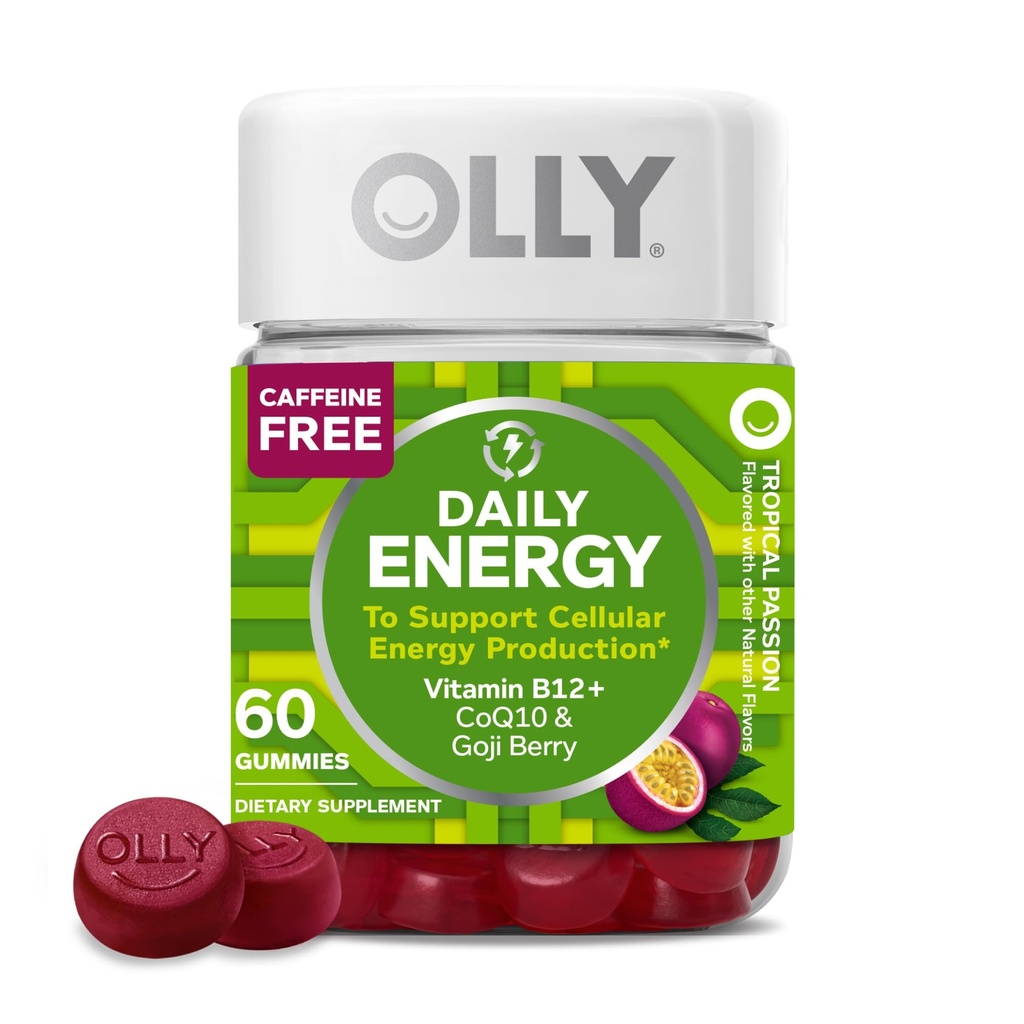 OLLY Daily Energy Gummy, Koffeinfrei, Vitamin B12, CoQ10, Goji Berry, Adult Chewable Supplement, Tropical Flavor - 60 Count