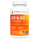 Dr. Berg Maximale Stärke 2-in-1 Vitamin D3 K2 10.000 IU | Natürlich abgeleitet D3 | 4X Lab-geprüft & Verified | Hohe Absorption Formel | K2 D3 Vitamin Supplement - 120 Kapseln