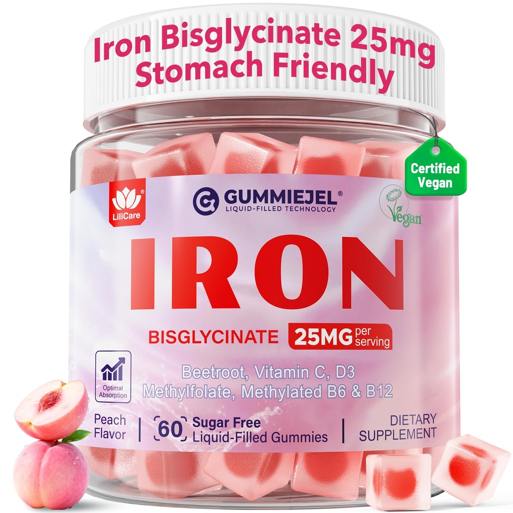 Supplément de fer végétalien pour les femmes 25mg, Gommies de fer sans sucre avec vitamine C, Methy B12, Folate pour stimuler l'énergie, carence en fer, Pas après le goût, Pêche saveur - 60 comte (paquet de 2)