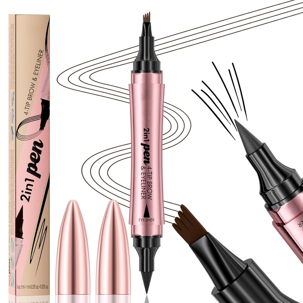 Q710 2in1pen,4-Tip stylo sourcil et eyeliner,Dcuble-end design, maquillage des sourcils sauvages, stylo sourcil microblading, imperméable,Soft nib,Avec un coup lisse(2#Dark Brown)