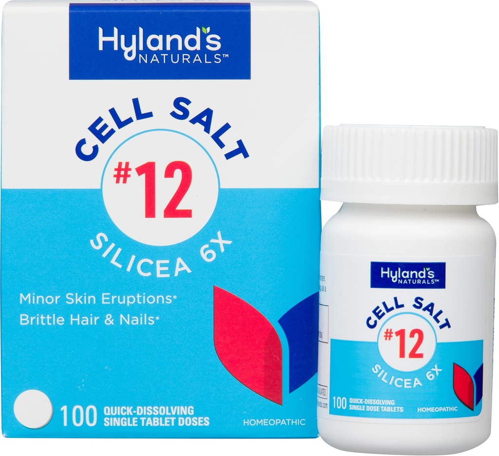Hyland n° 12 Sel cellulaire Silicea 6X Comprimés, traitement de l'acné et de la tête noire, complément de croissance des cheveux et des ongles et renforcement, Irritations cutanées, comprimés à dissolution rapide, 100 Compte