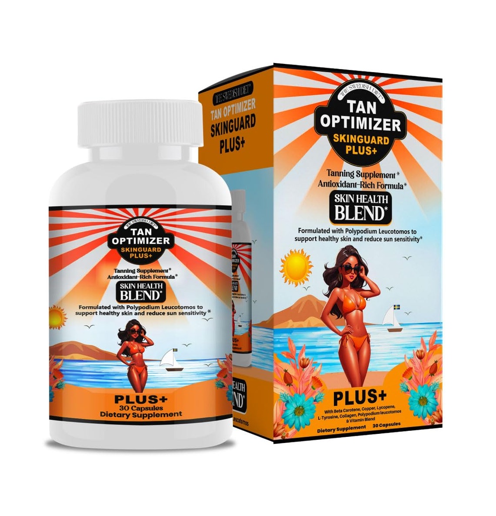 Tan Optimizer SkinGuard Plus+ – Supplément de tannage et anti-âge sans sucre avec 240mg de polypodium, bêta-carotène et antioxydants pour la peau radiante et jeune – 30 Capsules