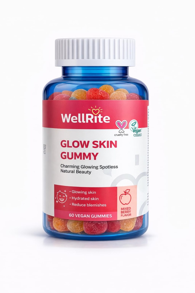 Skin Glow Gummy Vitamines, 60 Compte, Saveur de pomme, Vegan, Sans gélatine, Sans gluten, Sans noix, Glowing & peau hydratée, Eczéma réduit, Rides réduites