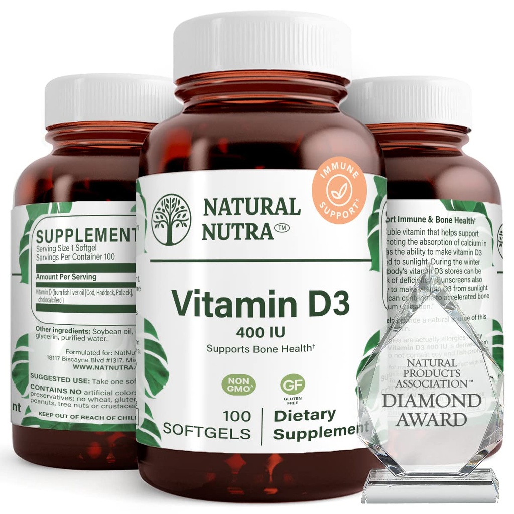 Nutra naturel suprême vitamine D3 400 UI Softgels, aide à booster l'immunité, soutient la santé pulmonaire, la vitamine solaire, aide à améliorer la santé cardiovasculaire, les os et les dents, sans gluten, 100 Softgels