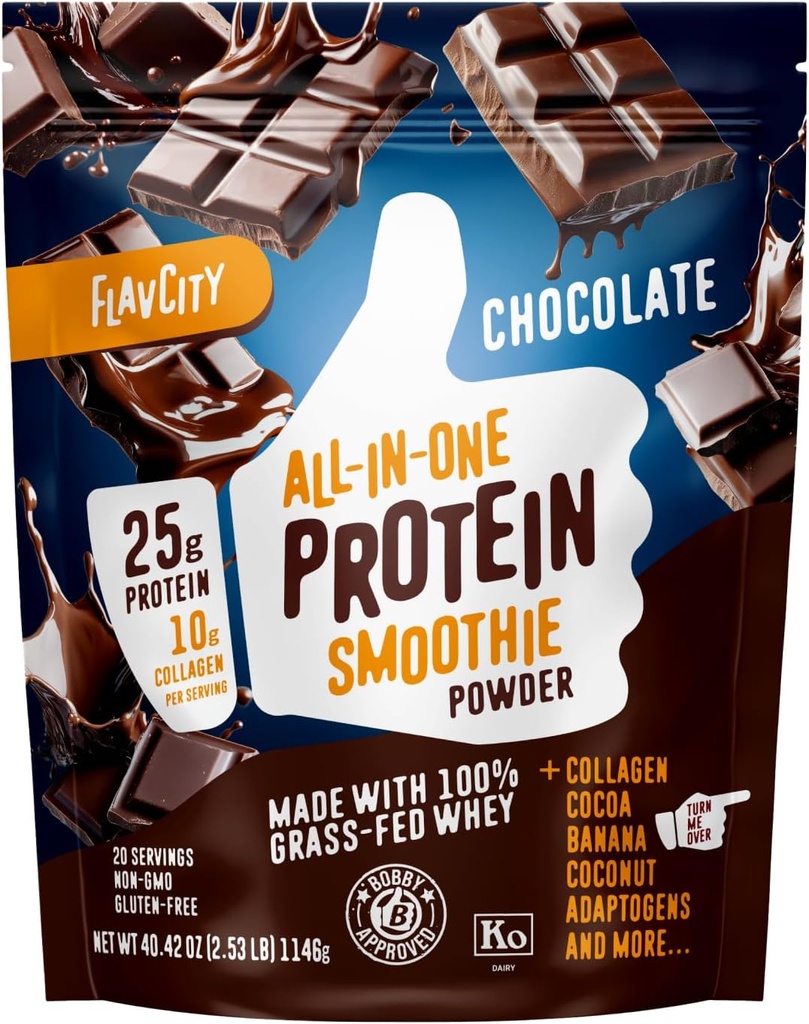 FlavCity Grass Fed Whey Chocolate Protein Powder - 25g Protein & 10g Collagen - Made with Organic Cocoa, Bananas & Coconut Milk - Glutenfrei & No Added Sugars (20 Portionen)