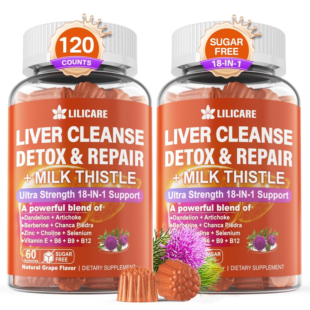 Milk Thistle Liver Detox Gummies, 18-IN-1 Liver Cleanse Detox & Repair Supplement mit Berberine, Chicory Root, Turmeric, Artichoke, Dandelion Root, Chanca Piedra, Vitamine B6 B12-Sugar Free,Pack von 2