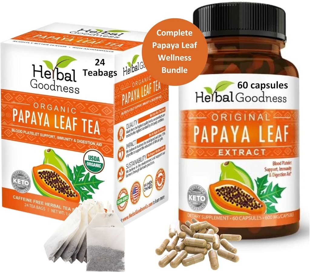 Papaya Leaf Extract Capsule and Papaya Leaf Tea Bundle - Completely Support Immune Health and Digestive Wellness