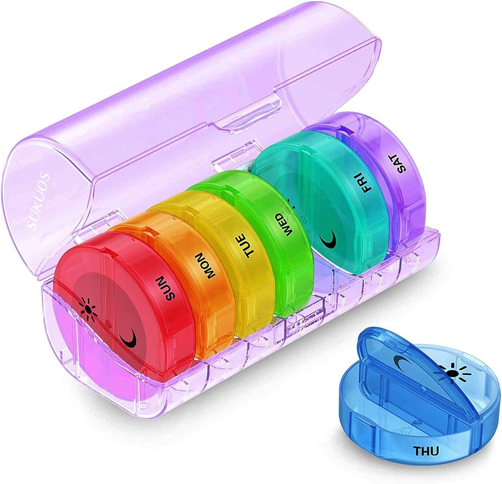 Sukuos Weekly Pill Organizer 7 jours 2 fois par jour, grande boîte à pilules quotidienne Facile à ouvrir, AM PM Pill Case pour la médecine/vitamine/huile de poisson/compléments (Purple)