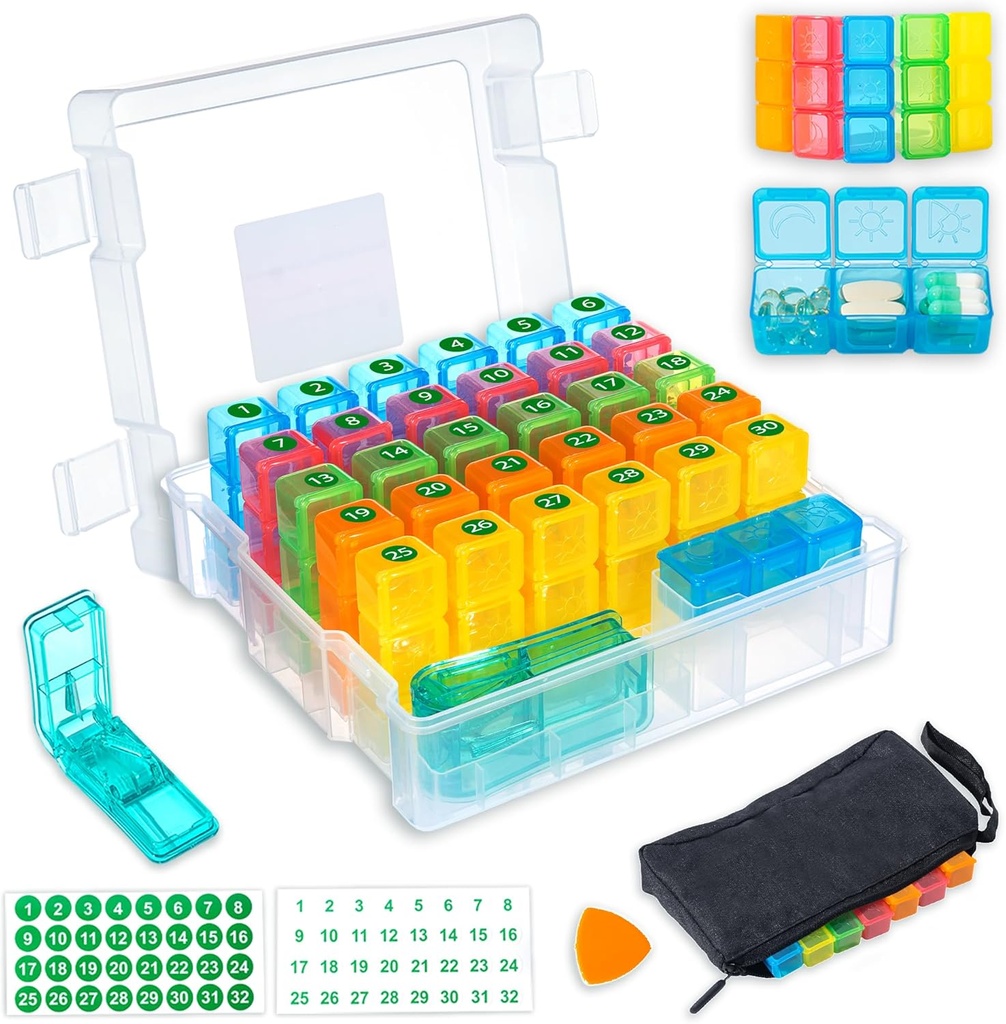 Monatliche Pille Organizer 3 Mal pro Tag mit 31-Tage-Moistureproof-Box, Wöchentliche Pillentasche, Pillenschneider, Aufkleber, Kunststoff-Öffnung Pick für einfachen Gebrauch, Günstig Tägliche Medikamente Management (Weiß)