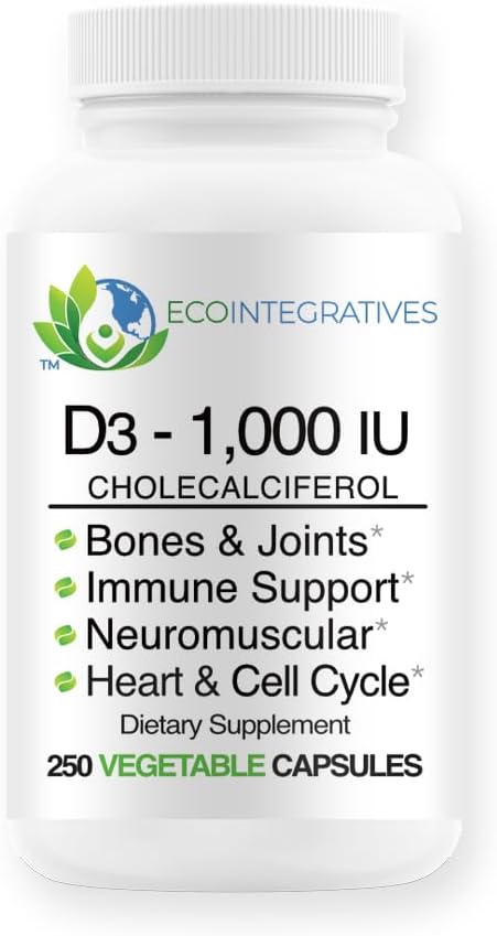 Vitamin D3-1000 IU 25 mcg (Cholecalciferol) Hypoallergene Unterstützung für Muskeln, Knochen & Zähne, Brust, Prostata, Herz-Kreislauf, Colon & Immungesundheit (250 Veggie Kapseln)