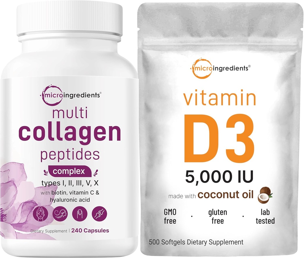 Micro Ingredients Multi Collagen Pillen & Vitamin D3 5.000 IU Bundle Pack | Grass-Fed Collagen Peptides | Vitamin D als Cholecalciferol