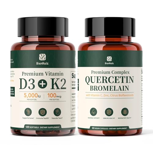 Vitamin D3 K2 5000IU Softgels & Quercetin Complex with Bromelain Zinc Vitamin C Supplement Bundle | 2 Bottles Total (120ct D3K2 +60ct Quercetin), D3K2 for Calcium & Bone Support + 7-in-1 Quer