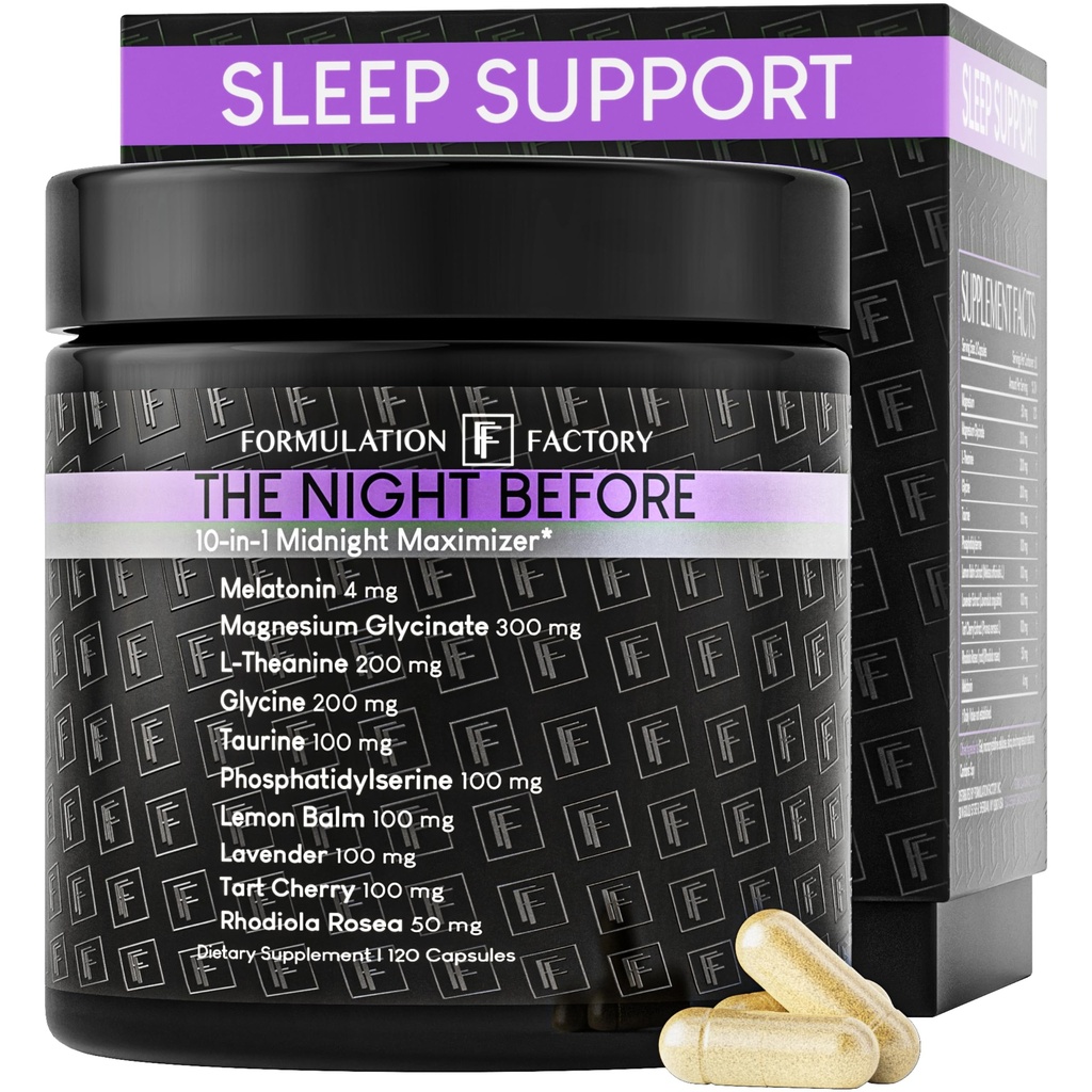 La nuit avant 10-en-1 Maximiseur de nuit aide au sommeil, soulagement du stress, cognition, relaxation, récupération, focus, glycinate de magnésium, L-Theanine et plus, (120 capsules – 2 mois d'approvisionnement)