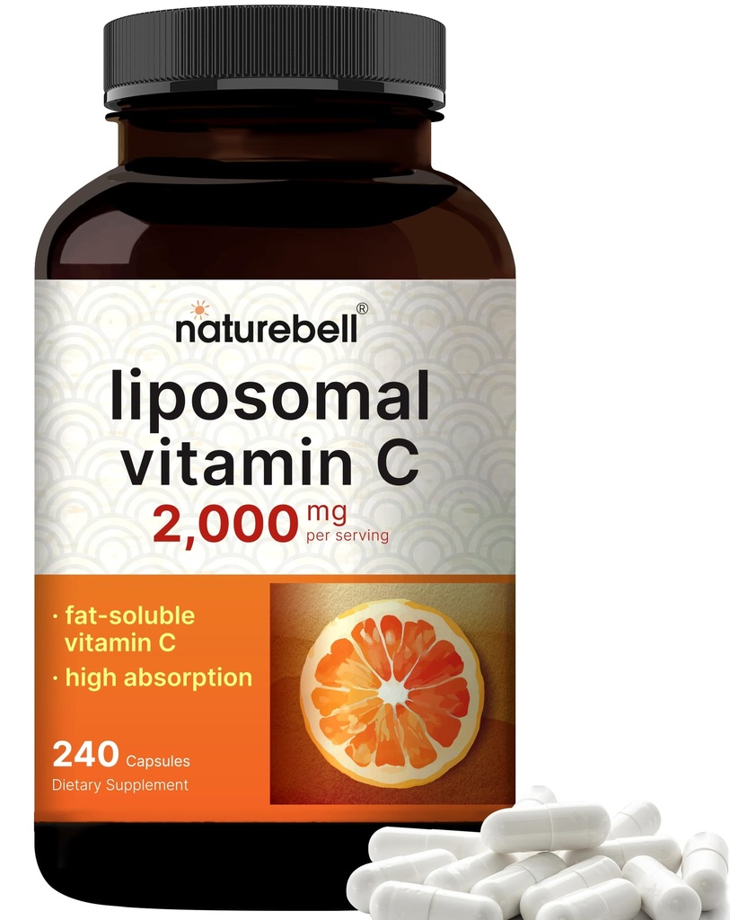 NatureBell Vitamine liposomique C 2 000 mg par portion, 240 capsules Extrême absorption Vitamines gras-solubles – Supplément antioxydant maximal* – Non-OGM, sans gluten