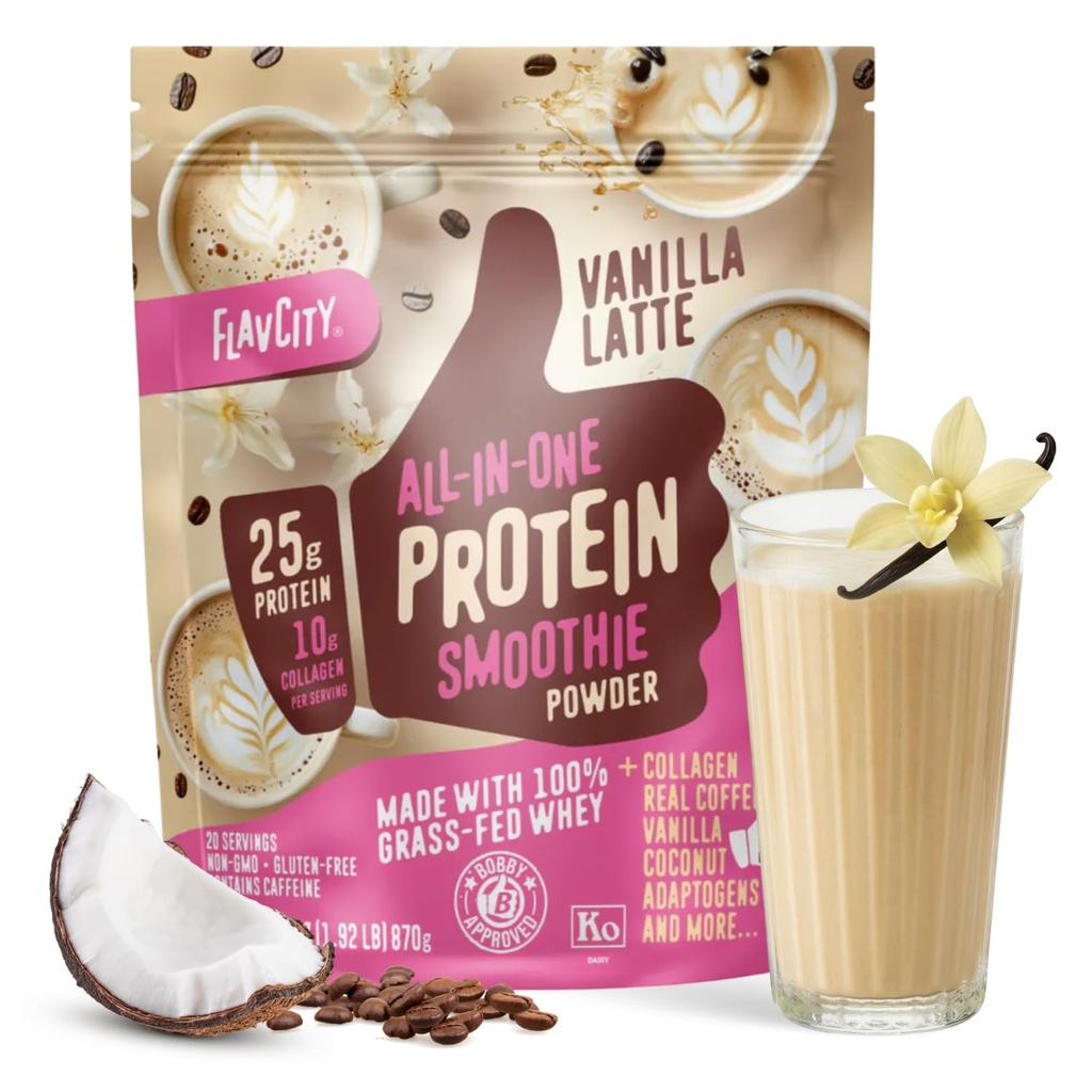 FlavCity Poudre de protéines de lactosérum - Vanilla Latte - 25g Protéines, 10g Collagène et 60mg de caféine - Fabriqué avec de vrais haricots de vanille et noix de coco biologique - Sans gluten et sans sucre ajouté (20 portions)