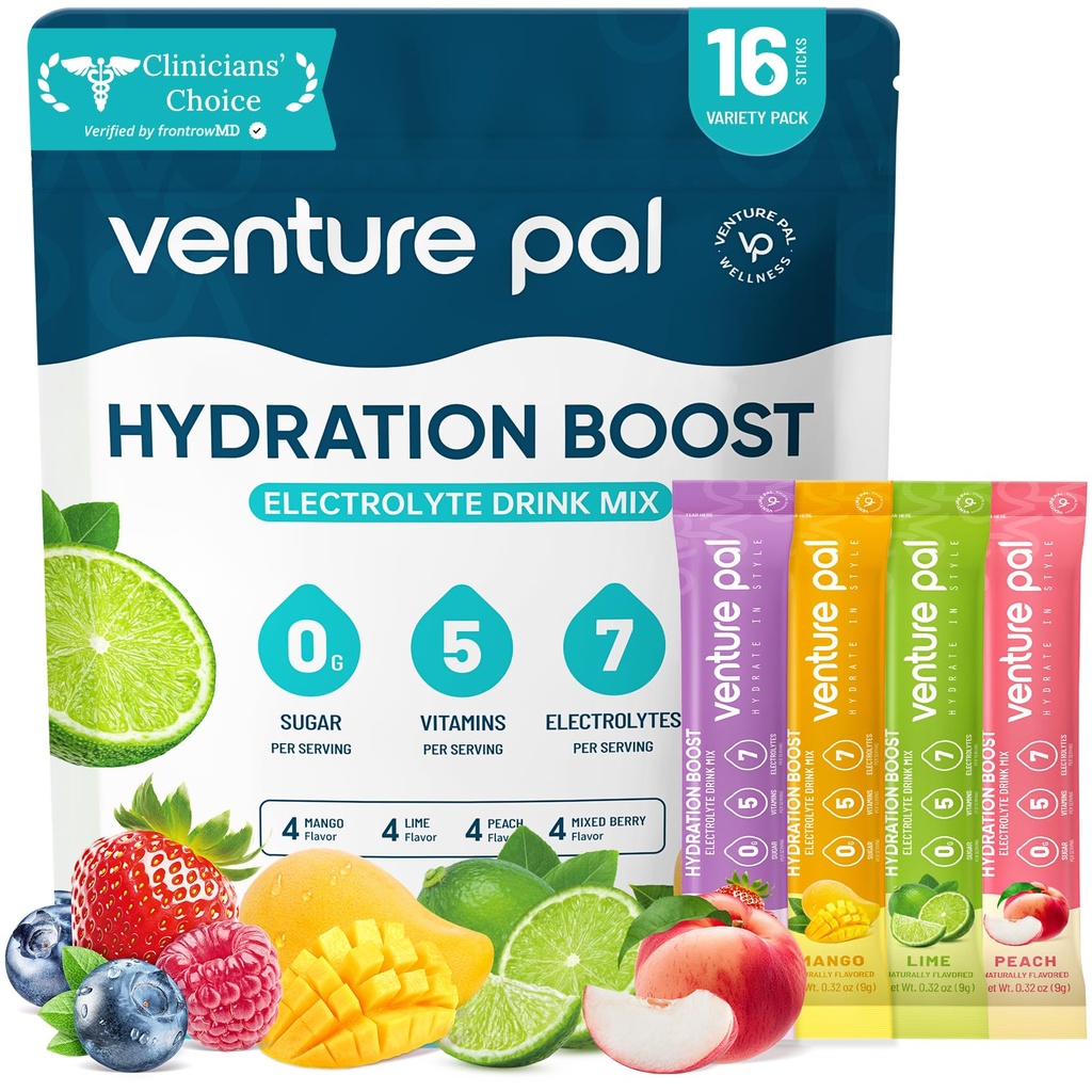 Venture Pal Sugar Free Electrolyte Powder Packets - Liquid Daily IV Hydration Packets | Elektrolyte Getränk Mix mit 5 Vitaminen & 7 Elektrolyten | Keto Friendly | Non-GMO | Certified Vegan | 16 Sticks