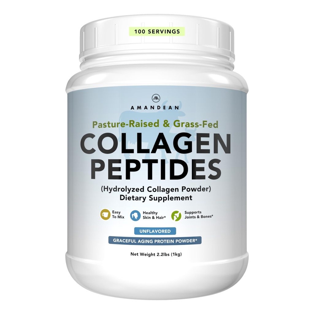 AMANDEAN Collagen Peptide Pulver 1kg. Gras-Fed, Enzymatisch hydrolysiert, Typ 1 & 3. Agglomeriert, leicht zu mischen, entflammt, Non-GMO. Protein mit 18 Aminosäuren für gesunde Haut, Haar, Nägel.