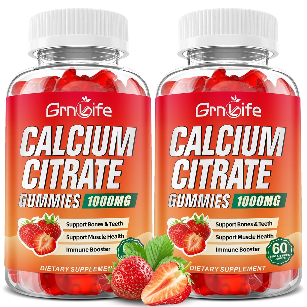 2 Pack Citrate de calcium Gommies, sans sucre Citrate de calcium 1000mg pour les muscles sains, Absorption Suppléments de calcium pour les adultes et les enfants, Fraise, 120 Compte