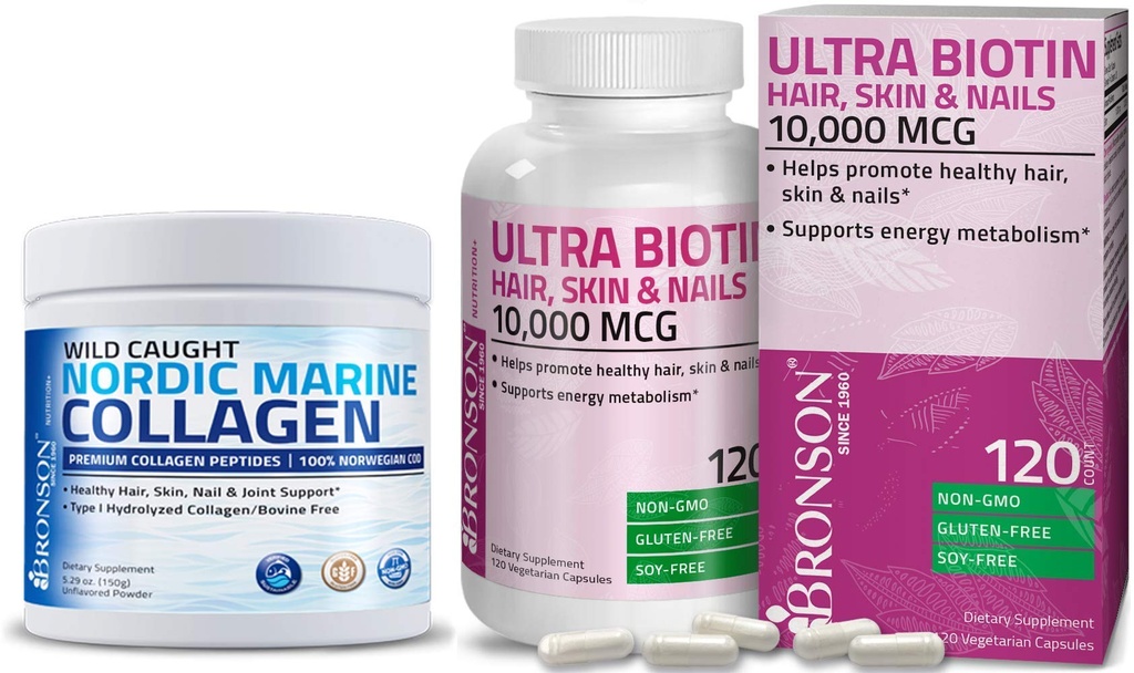 Bronson Marine Collagen Peptide hydrolysiertes Proteinpulver + Ultra Biotin 10.000 Mcg Haar Haut und Nägel Supplement