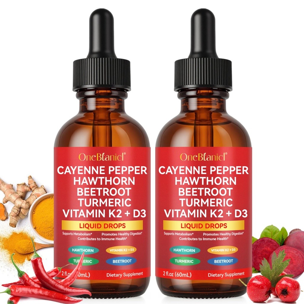 Cayenne Pepper Drops, Cayenne Pepper Hawthorn Beet Root Turmeric Vitamin K2 & D3 Liquid Supplements, 2PCS