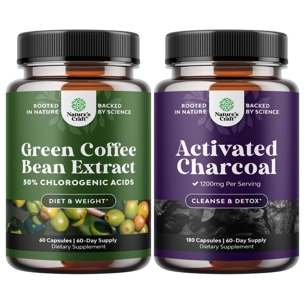 Ensemble d'extrait de fève de café vert pur pour la santé cardiaque antioxydante Focus mental et réduction de taille et nettoyage et de détox Capsules de charbon activés pour le soulagement du ballonnement et le nettoyage du corps