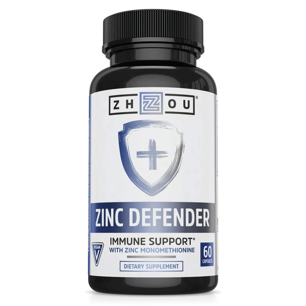 Zhou Zinc Defender - Suppléments de zinc pour les hommes et les femmes, 30mg par service pour la santé immunitaire et le soutien minéral, formule végétalienne pure - 60 capsules