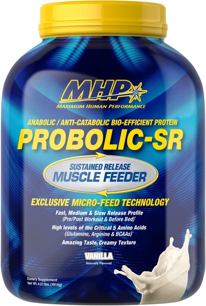 Maximum Human Performance Probolic-SR Sustained Release Protein Powder, 24g Protein, BCAAs, Glutamine, Arginine, Pre-Workout, Post-Workout, Nighttime Protein, 4lbs, 52 Servings, Vanilla