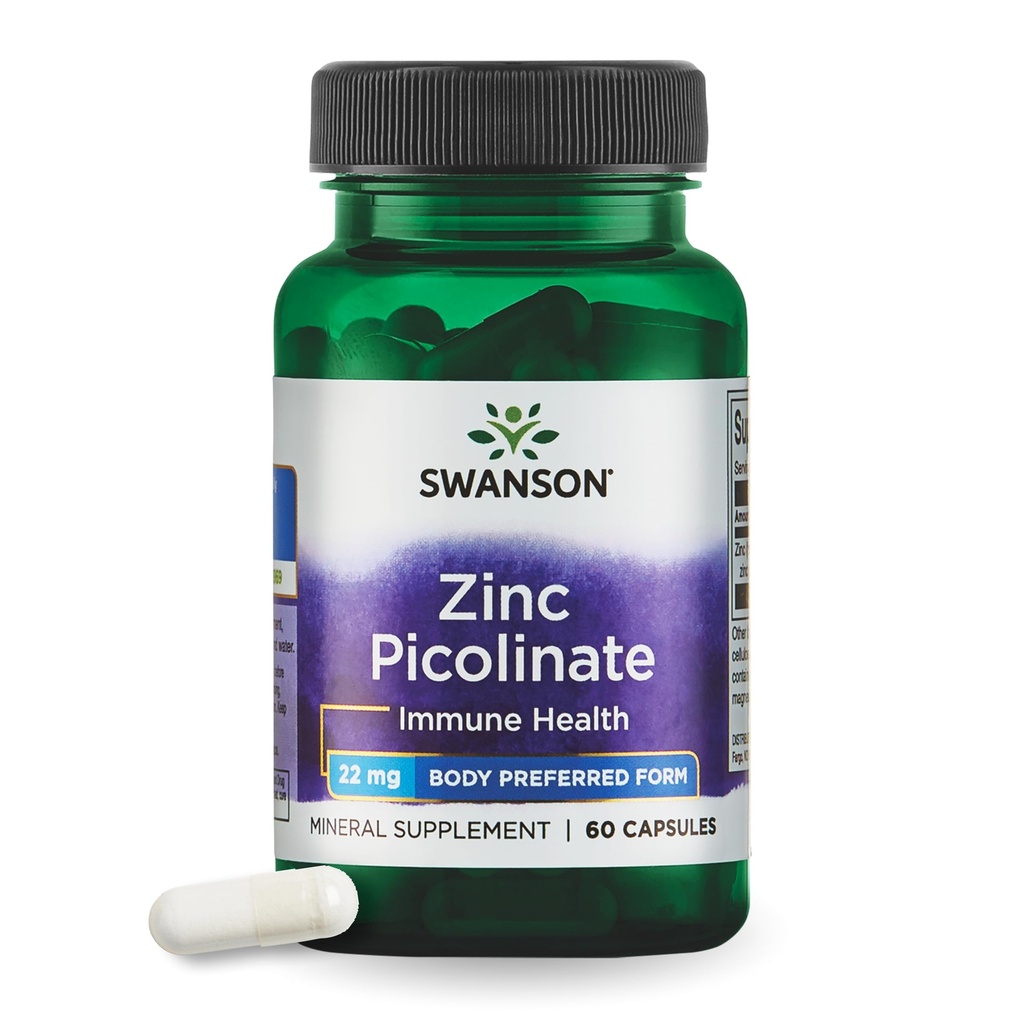 Swanson Zink Picolinat Chelat Mineral Supplement für Erwachsene auf der Suche nach Immun-, Seh- und Prostataunterstützung - Körperbevorzugte Form - 22 mg (60 vegane Kapseln)