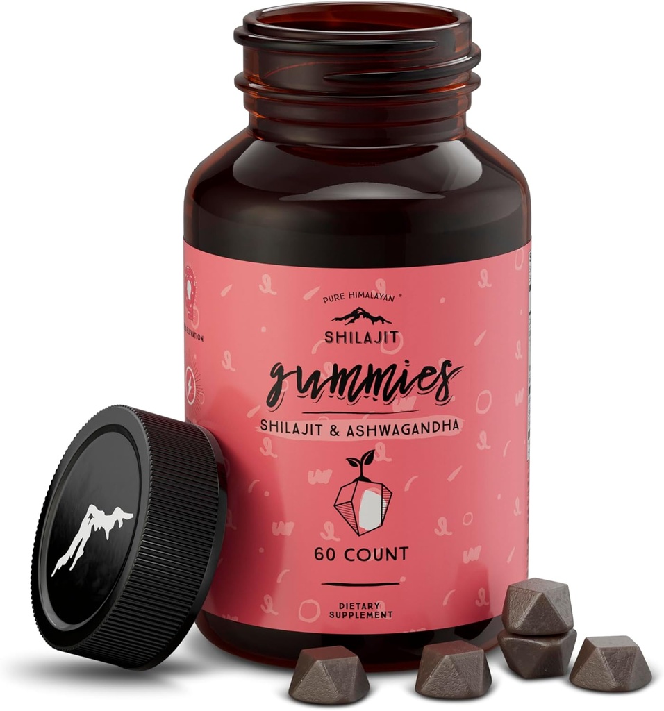 Pure Himalayan Shilajit Gummis, Sugar-Free, 85+ Trace Minerals & Fulvic Acid for Energy, Metabolism & Immune Support, Shilajit für Herren & Frauen, Ashwaghanda Gummies (60 Count)
