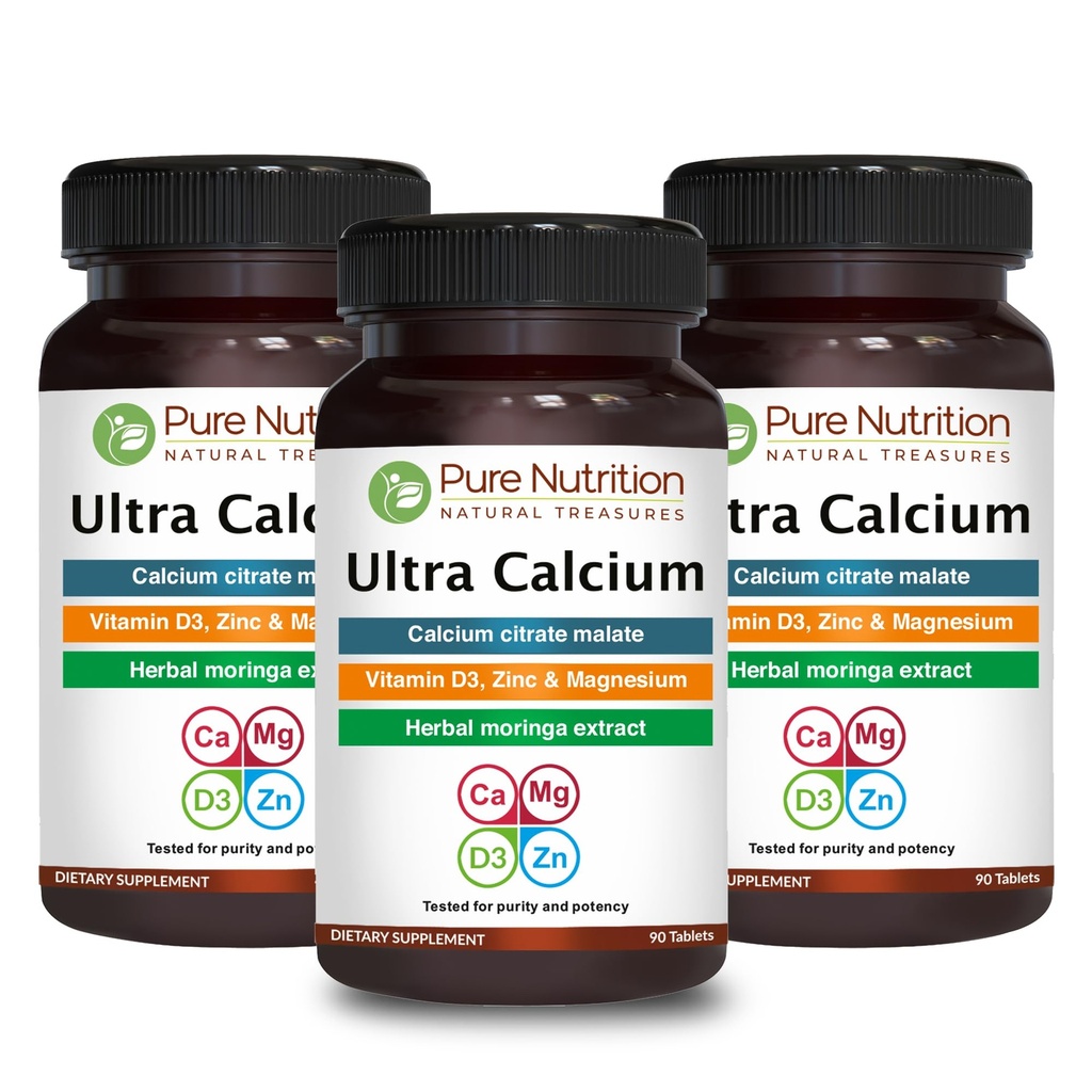 Pure Nutrition Ultra Calcium 1000mg avec VIT D3 + K2- 270 Tabs (90 X Pack de 3)- Supplément de Calcium hautement absorbant avec Calcium Citrate Malate, VIT D3, K2, Moringa Oleifera, Magnésium et Zinc.