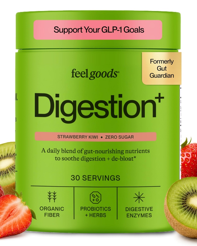 Feel Goods Gut Guardian, fibre biologique, poudre probiotique et prébiotique, sans sucre, herbes pour la Bloat, Gut Health Support, santé digestive pour les hommes et les femmes, non OGM, végétalien, fraise Kiwi, 30 portions