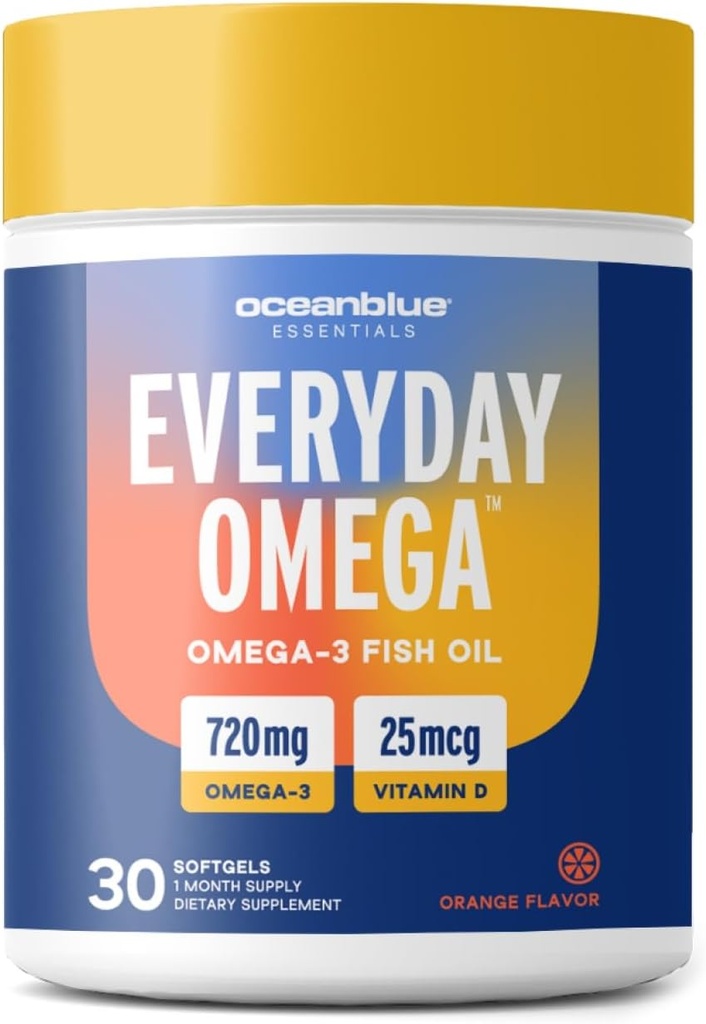 Oceanblue Omega 3 Ergänzung für Frauen | Burpless Fish Oil 720mg mit Vitamin D3 | Herz Immununterstützung, Molecularly Distilled Orange Flavor (30 Count One a Day Omega)