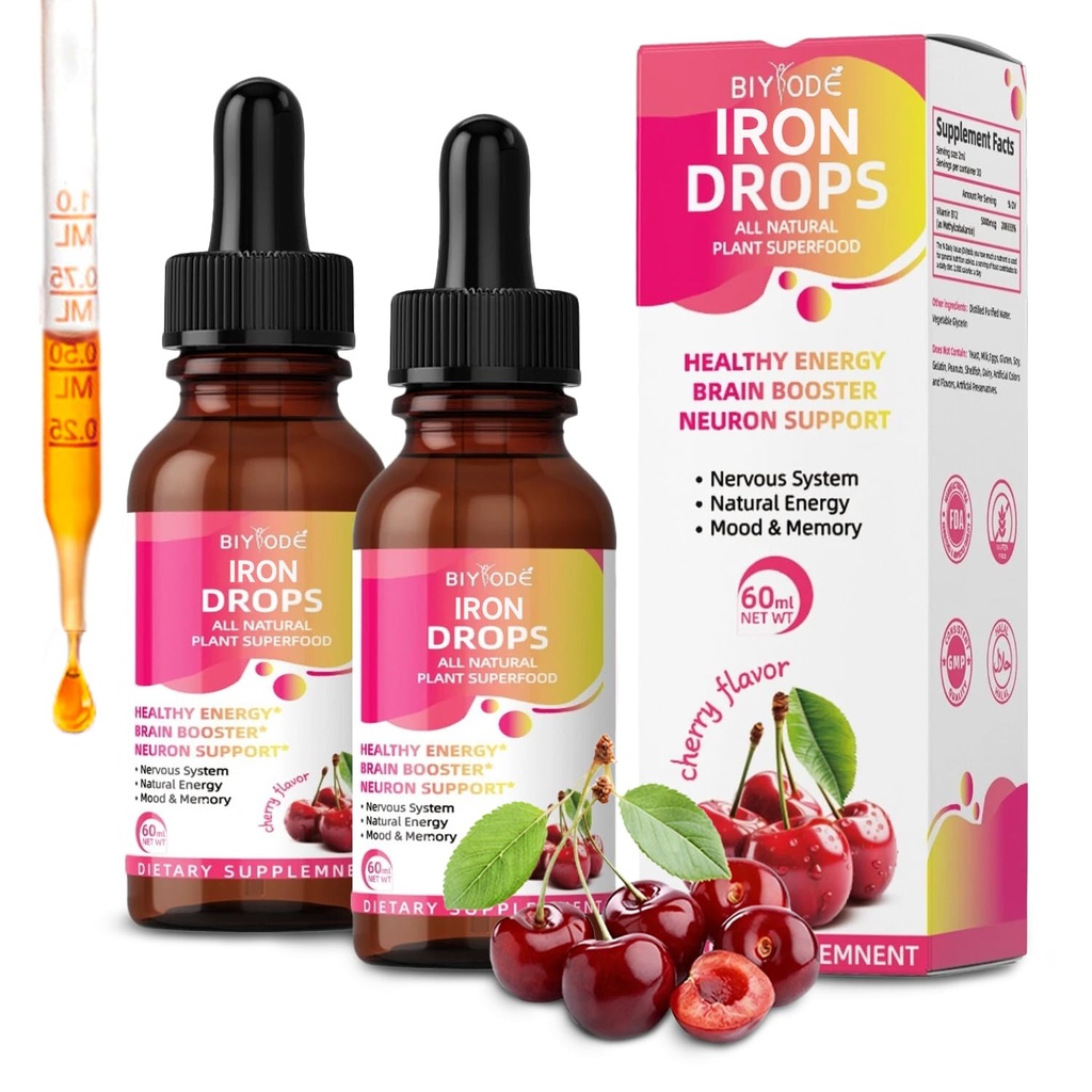 2P Cherry-Flavored Iron Drops for Women - Help Maintain Energy, Boost Vitality and Immunity. Non-GMO, Gluten-Free 60 ml.