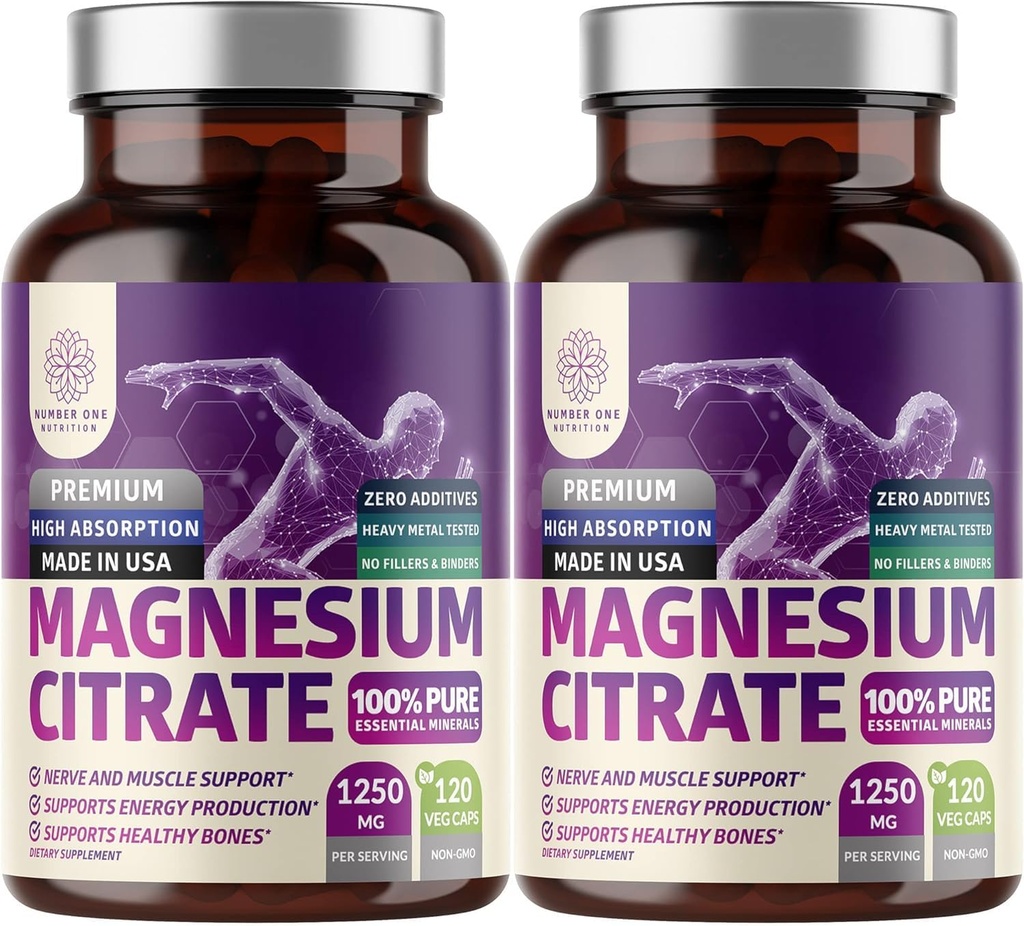 2-Pack Pure Magnesium Citrate Capsules 1250mg, Easily Absorbed and Purified Trace Mineral for Muscle and Digestive Support, 240 Caps
