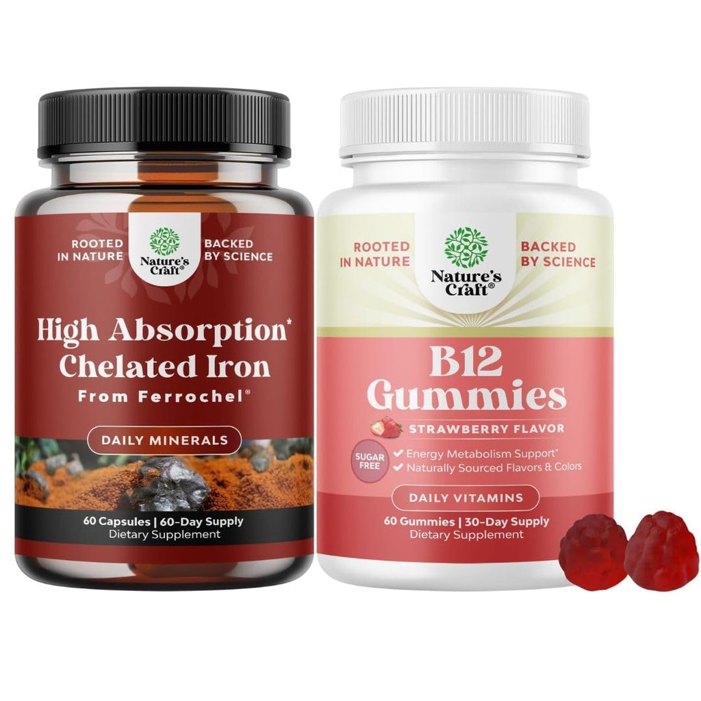 Bundle of Slow Release Iron Supplement for Women & Men - Supports Health - Blood Support Iron Bisglycinate and Vitamin B12 Gummies for Adults Sugar Free Vitamin B12 1000 mcg for Energy & Mood Support