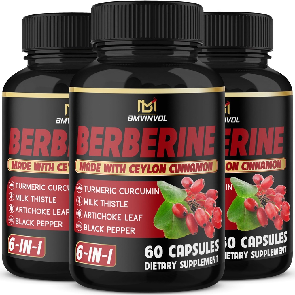 (3 Packs) Berberine Supplement Plus Ceylon Cinnamon, Milk Thistle, Turmeric, Artichoke Leaf, Black Peppe - 6 Monate Versorgung - 180 Kapseln insgesamt