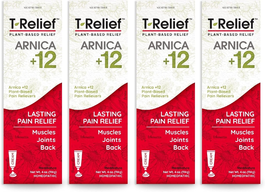 T-Relief Arnica +12 Cream Natural Relieving Actives for Back Pain Joint Soreness Muscle Aches & Stiffness, Ganzkörper Fast Acting Relief für Damen und Herren - 4 oz (4 Pack)