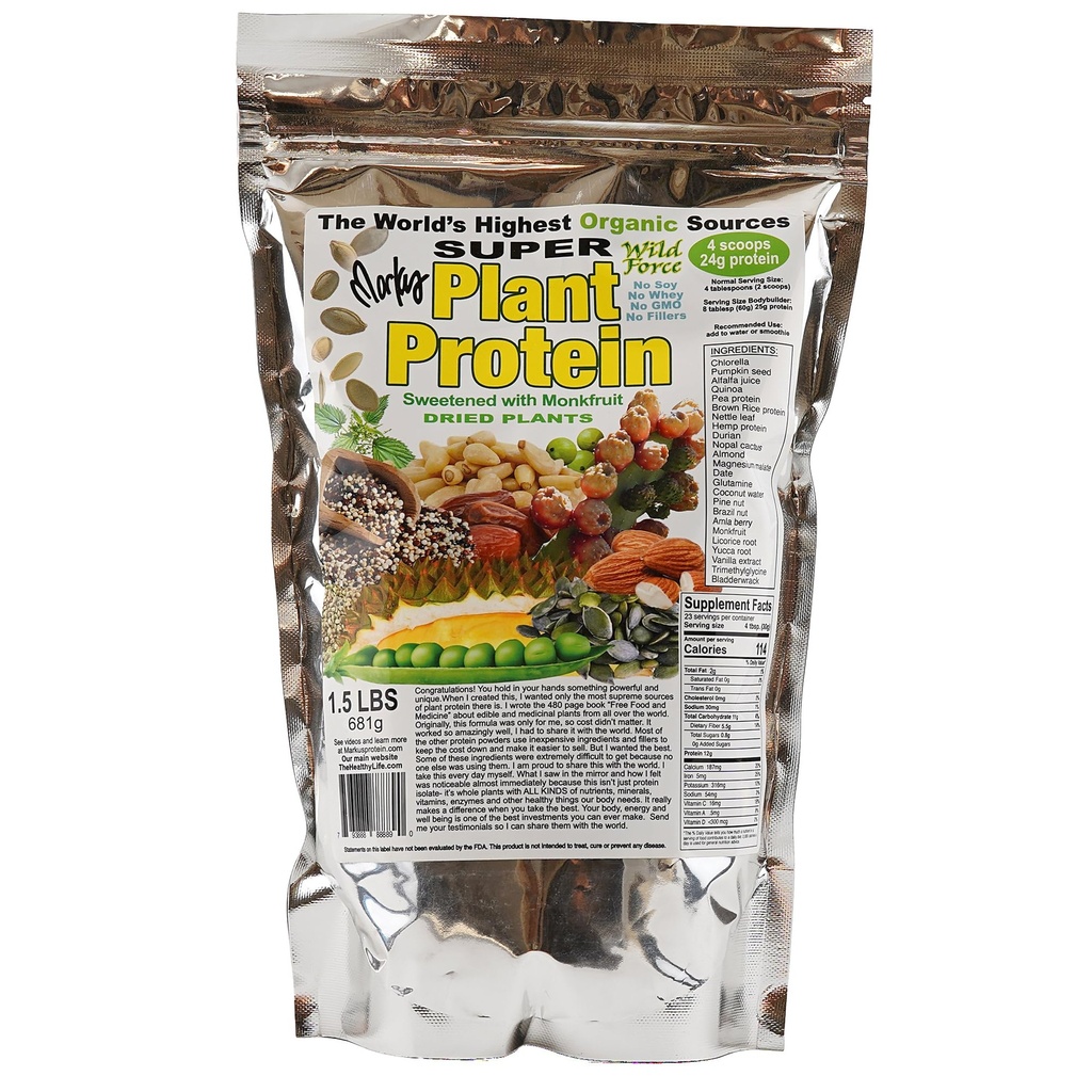 Wild Force Super Plant Protein Sweetened - Raw Vegan Protein Powder Enriched with Exotic Pine Nuts, Chlorella, Durian, & Prickly Pear Cactus - Digestive-Friendly, Nutrient-Rich, Unprocessed - 681g