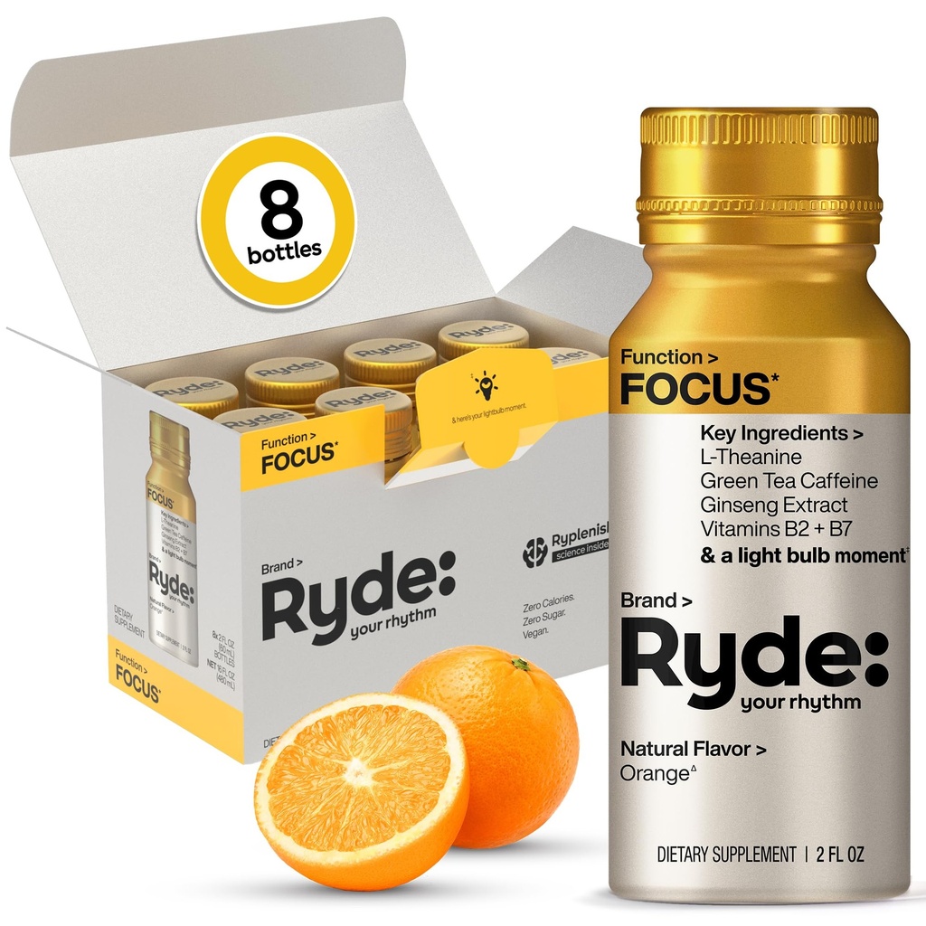 RYDE Focus Energy Shot, Orange Flavor, Zero Sugar, 2 fl oz, 8 Pack