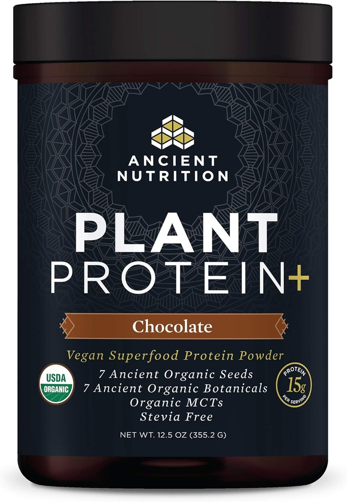 Anciens aliments à base de protéines à base de plantes de nutrition, Protéines végétales+, Chocolat, suppléments végétaliens biologiques, 15g de protéines par portion, sans gluten, paléofriendly 12 portions
