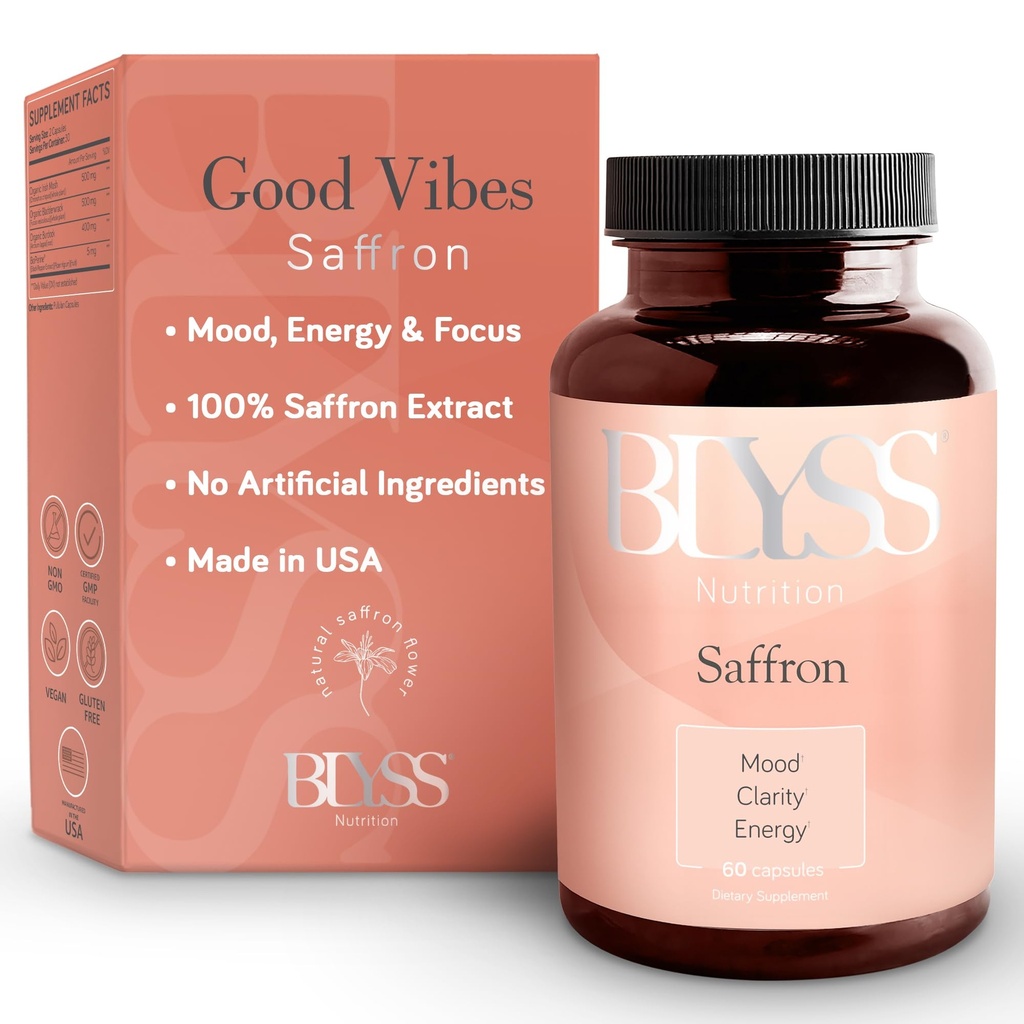 Suppléments de safran – Pills d'extrait de safran pour femmes – Support d'humeur, d'énergie, de SPM, de clarté mentale et de métabolisme - Non-OGM, sans gluten, 60 capsules végétaliennes