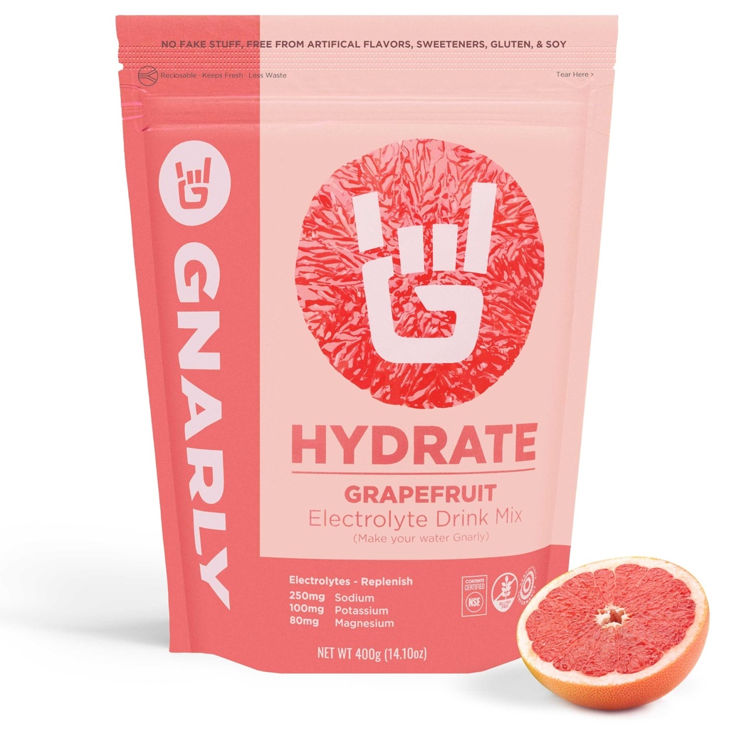 Gnarly Nutrition Hydrate Poudre d'électrolyte – Pamplemousse rouge rubis Exercice Mélange de boisson d'hydratation – NSF Contenu certifié – Solution d'électrolyte, performance et récupération – Pamplemousse rouge rubis, 14.10 oz