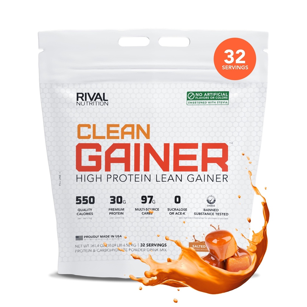 RIVAL NUTRITION Clean Gainer Salted Caramel High-Protein Lean Gainer Powder I 10 Lb, 32 Servings I 550 Calories, 30g Protein, 97g Multi-Source Carbs Per Serving I Natural Flavors, Clean Ingredients