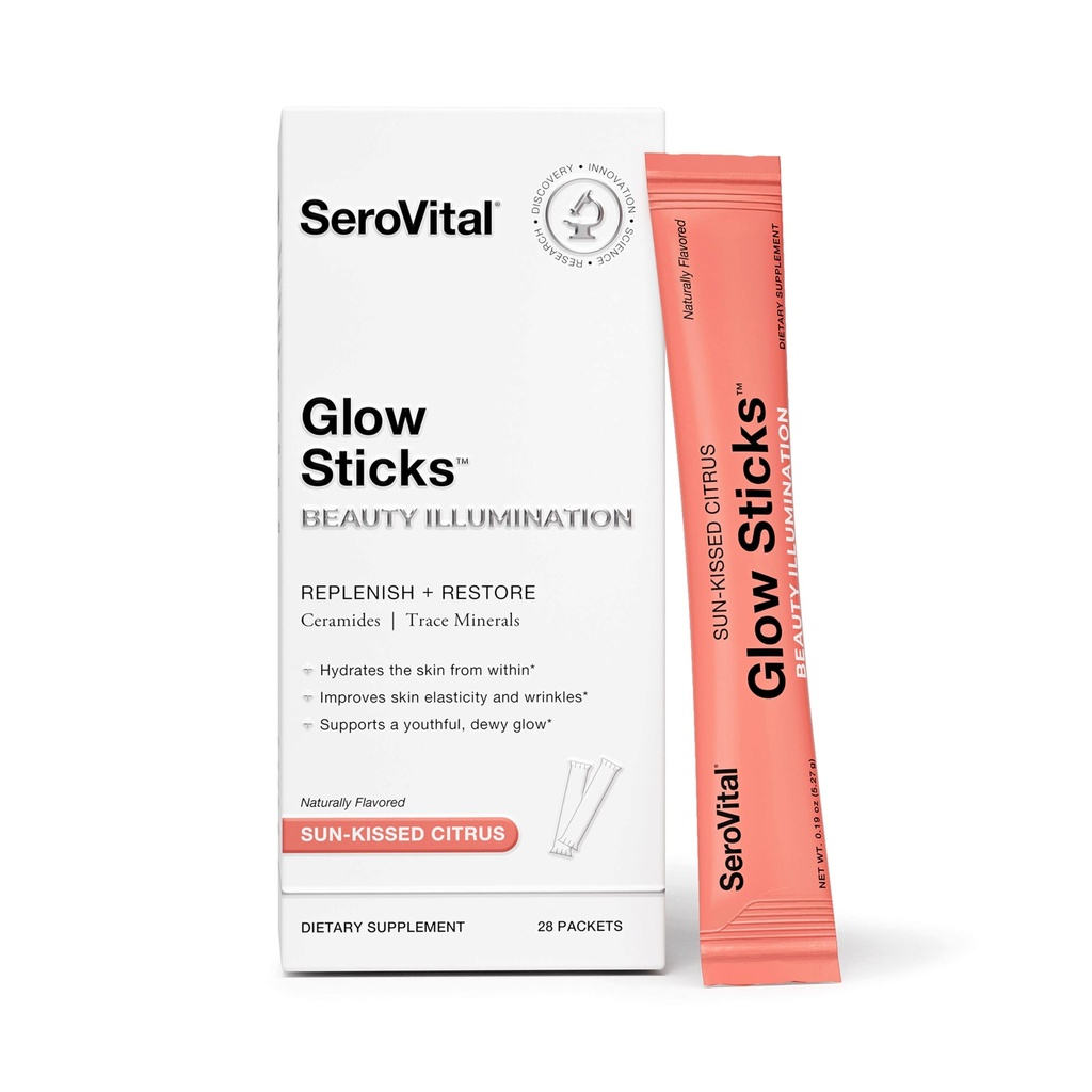 Sérovital Glow Sticks Sucre sans boisson en poudre Mélange avec acide hyaluronique Céramides Electrolytes pour l'hydratation de la peau en 14 jours Citrus au soleil-Kissed Saveur 28 Packets