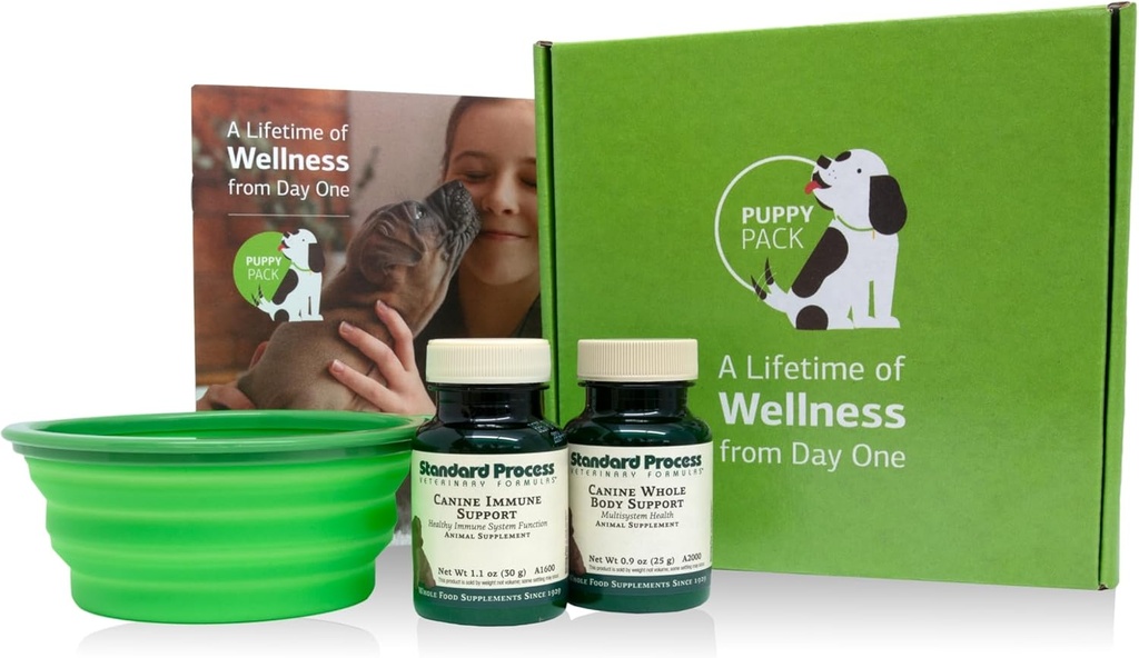 Pack de chiots de processus standard - Suppléments en poudre de soutien pour les produits Immunissables Canine et tout le corps - Kit de soutien pour chiots avec support du corps entier Canine et support du système Immunissable Canine - Comprend le bol d'eau collapsible