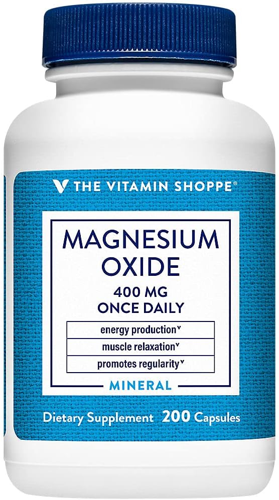 The Vitamin Shoppe Magnesium Oxide 400mg – Essential Daily Mineral Formula to Support Energy Production, Muscle Relaxation, Bone Health, and Promote Digestive Regularity (200 Capsules)