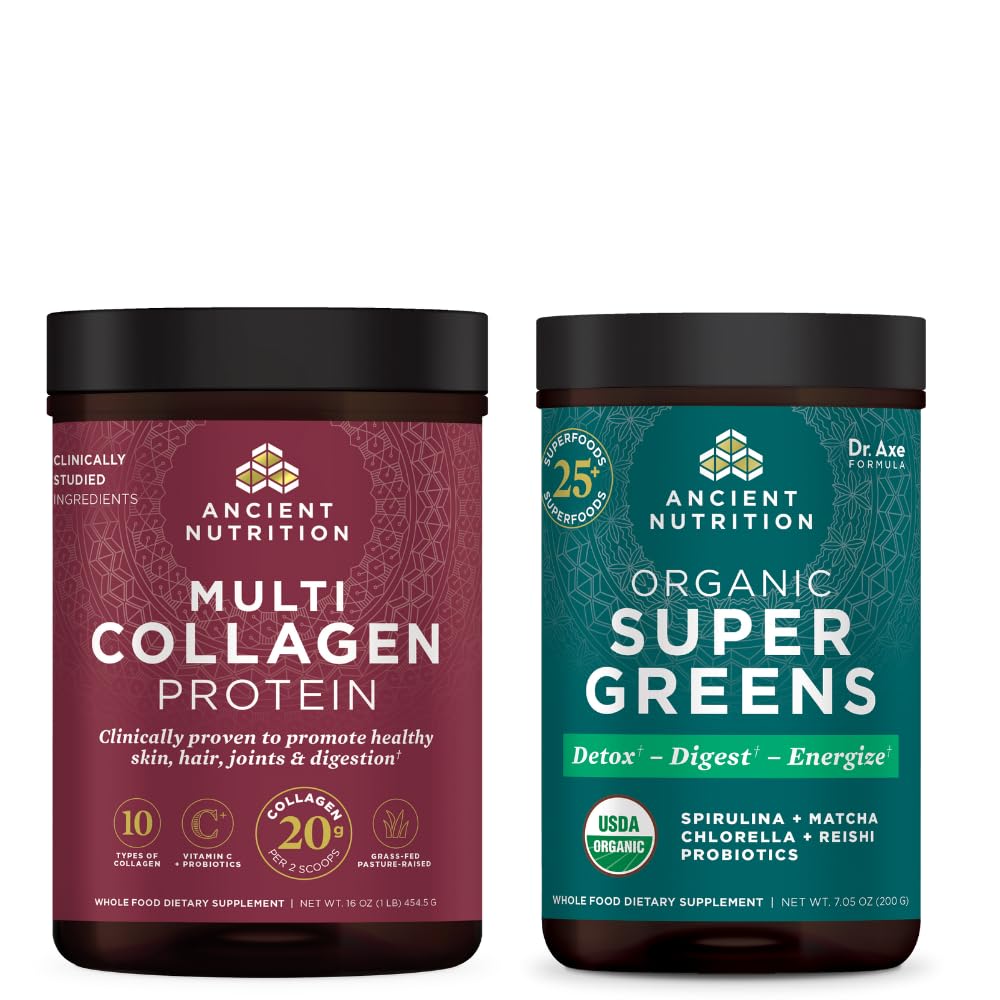 Antike Ernährung Bio SuperGreens Pulver, 25 Servierungen + Multi Collagen Protein Pulver, Unflavored, 45 Servierungen