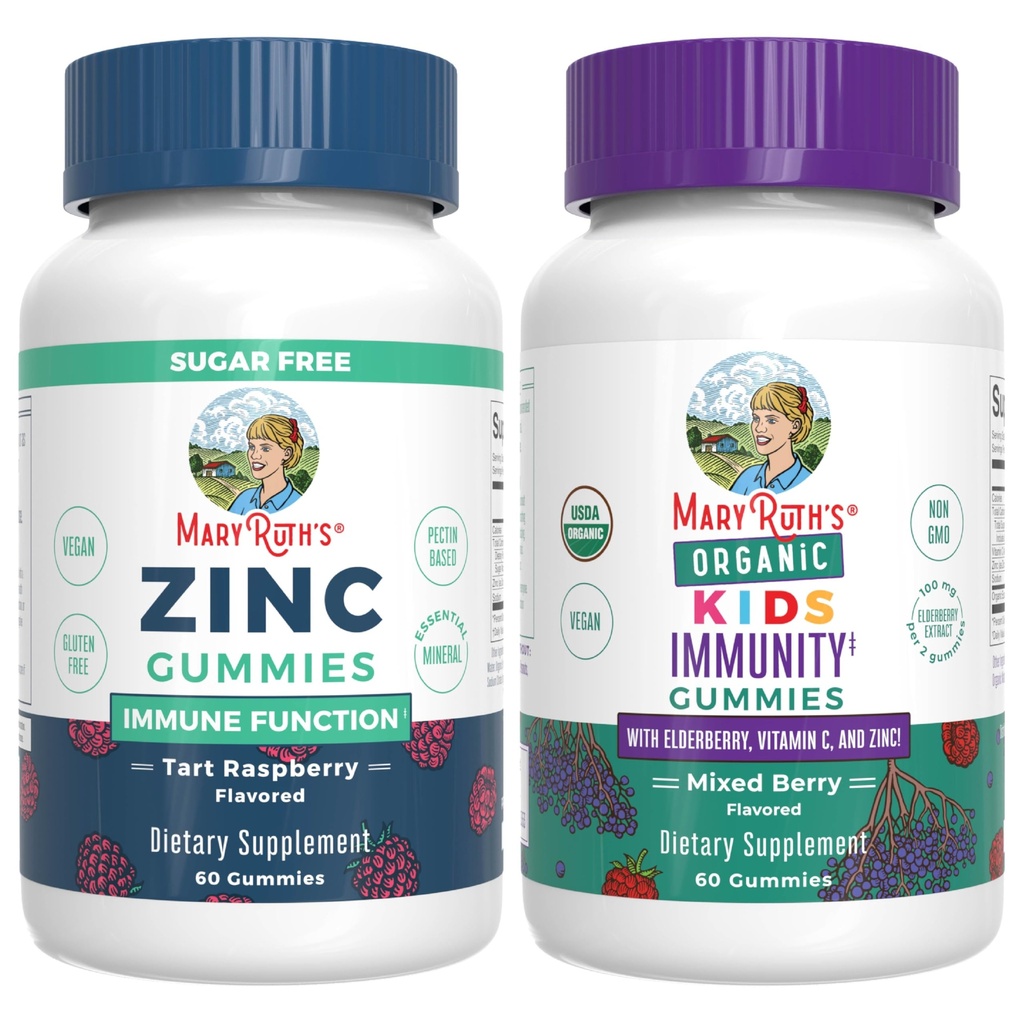 MaryRuth Organics Zinc (Tart Raspberry) & Kids Immunity Gummies (Mixed Berry)= Projet d'étiquetage propre Vérifié®= Vitamines pour l'immunité et la santé globale et bien-être= Vegan, Non-OGM, Pas de gélatine