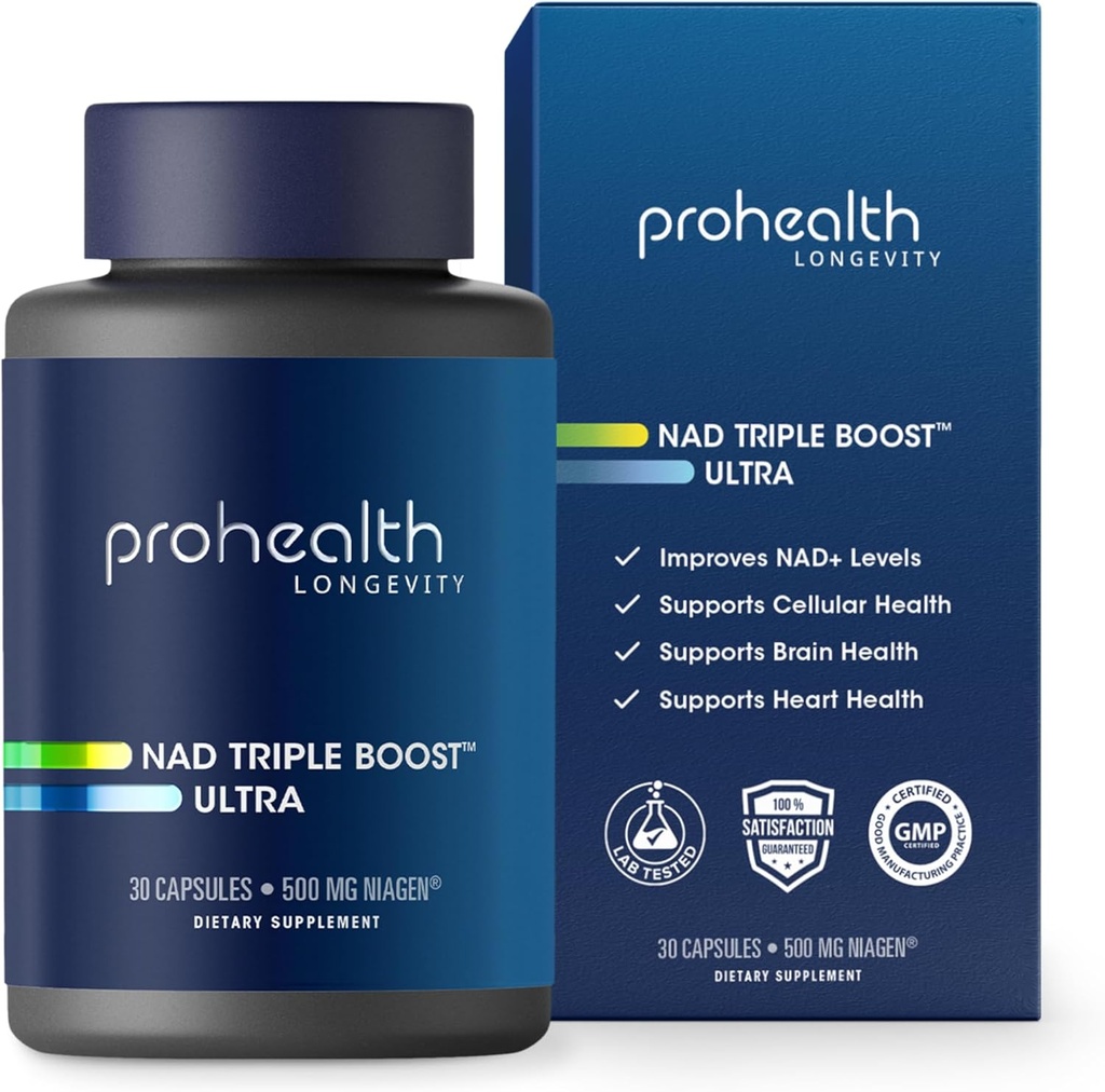 ProHealth NAD Triple Boost Ultra + 500mg Niagen NR. 3X NAD+ Optimizer Plus Apigenin, PQQ, Quercetin. Promeuve la longévité, le cœur et la santé cérébrale, active les sirtuines pour la réparation cellulaire (30 portions)