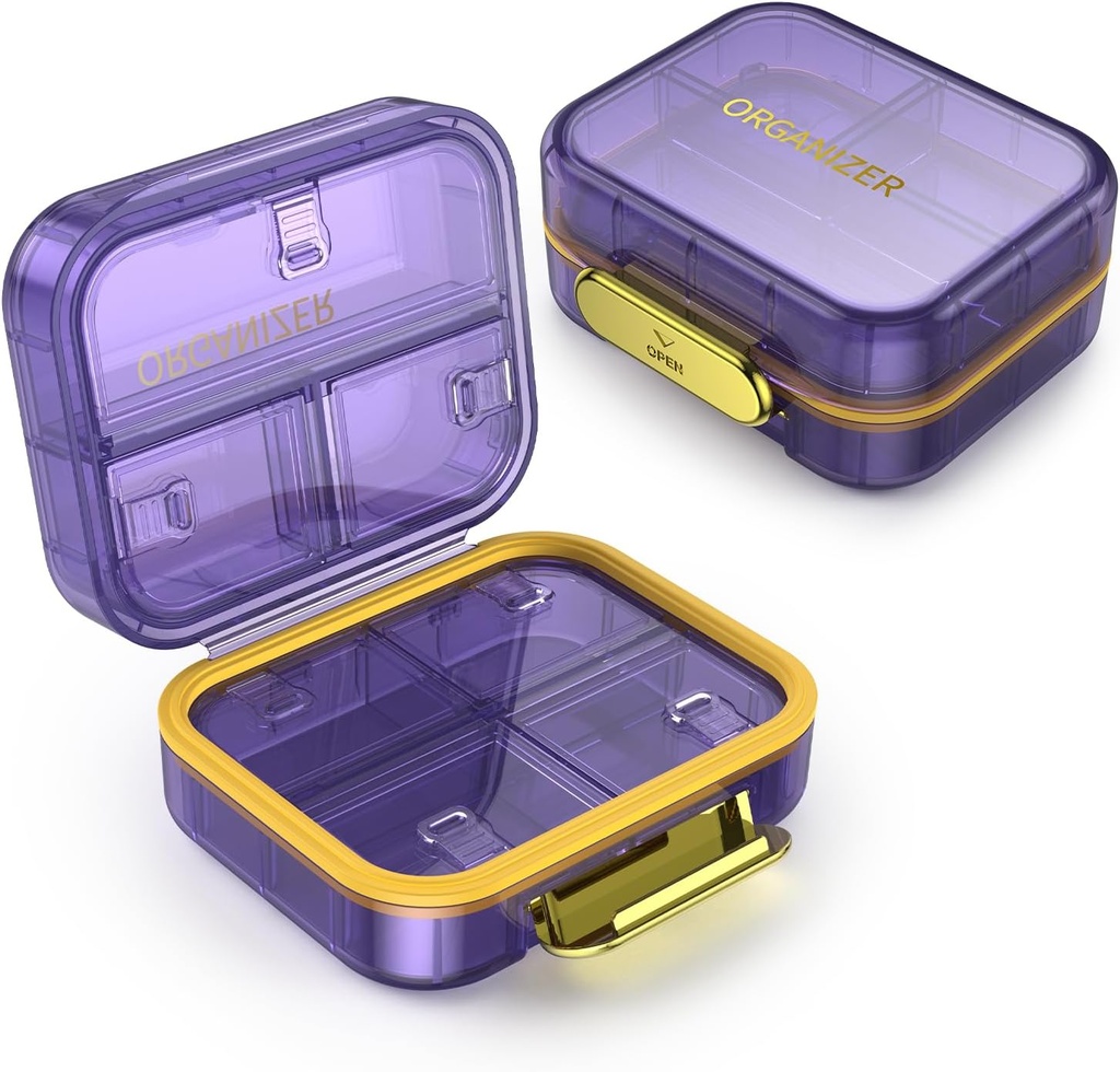 7 Compartment Travel Pill Box, Pill Organizer Moisture Proof Mini Pill Case, Small Pill Box für Taschengeld, Täglich tragbare Medizin Vitamin Box, Fish Oil Box, Supplement Box (Purple)